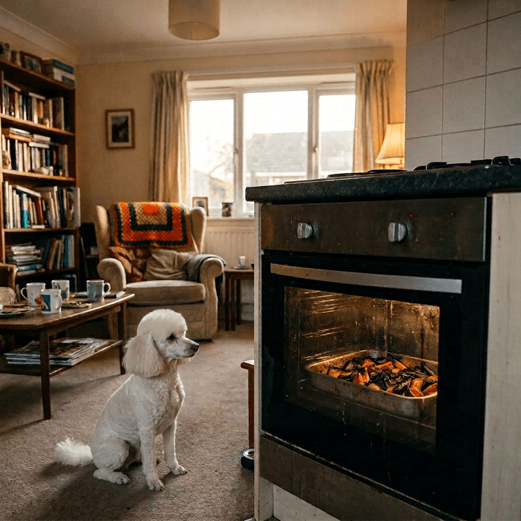 Black-and-white cat sitting on carpeted floor looking at oven with a tray of roasting vegetables inside